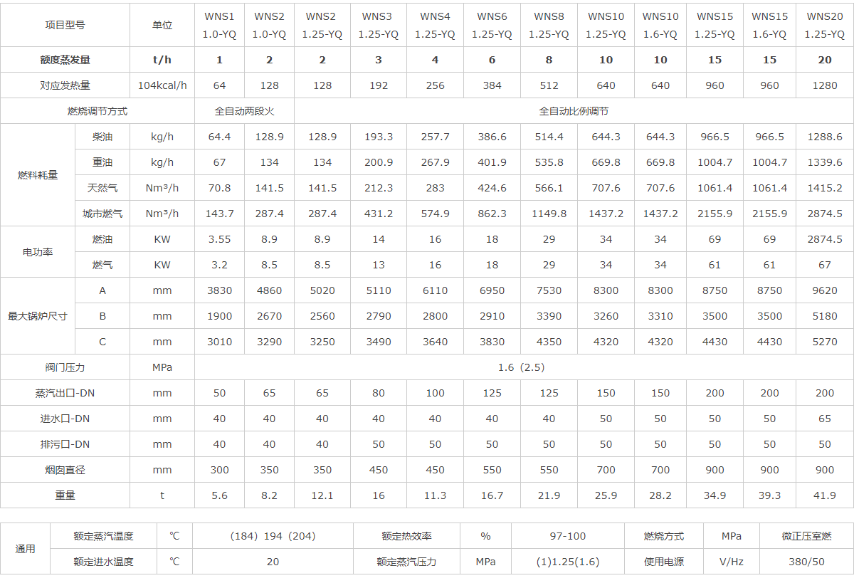 分体式冷凝蒸汽锅炉参数表 